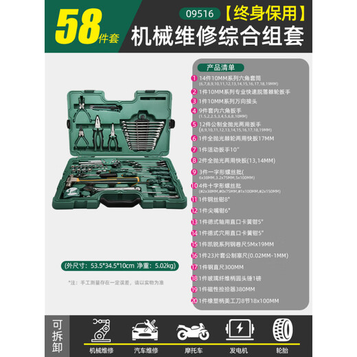 Shida tool set 58-piece mechanical equipment repair socket wrench combination machine repair hardware set 09516 09516 Lifetime warranty 58-piece mechanical repair