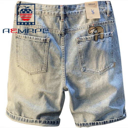 Aemape Apple Summer Shorts décontractés de grande taille de grande taille de Colon Pure Coton Five-partie Jeans Broderie Trendy Broide haut de gamme Bleu droit masculin [XY9922] 28 adapté au poids 95-108jin [Jin est égal à 0,5 kg]