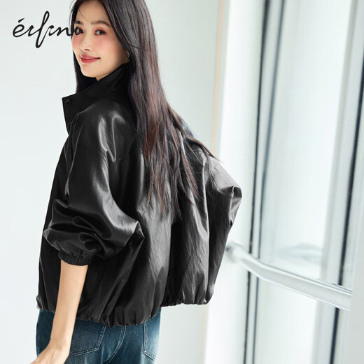 EIFLI (EIFINI) EIFLI Trendy Motorradtemperament Temachse Lederjacke für Frauen 2025 Herbst Neue vielseitige Freizeit -Designjacke für Frauen Schwarz S