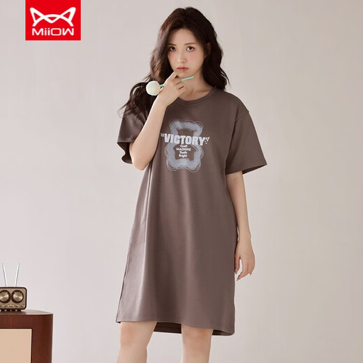 MiiOW new pajamas, summer women's short-sleeved mid-length pajamas with breast pads, cotton summer pure cotton home clothes, can be worn outside X-12532 Comes with breast pads, no need to wear Bra