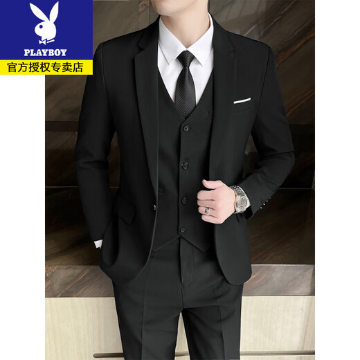 Playboy Men's Suit Suit Casual Business Professional Formal Wear Korean Style Groom Wedding Suit Jacket Slim Groomsman Dress Two-button Black Suit + Vest + Pants + Shirt Free 2XL (135~150Jin Jin is equal to 0.5kg)