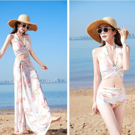 Jin Bingsheng swimsuit, feminine split three-piece set, conservative and high-end, belly-covering, slimming long skirt, hot spring beach vacation swimsuit, pink, with breast pads, L, recommended 110-120 Jin Jin is equal to 0.5 kg