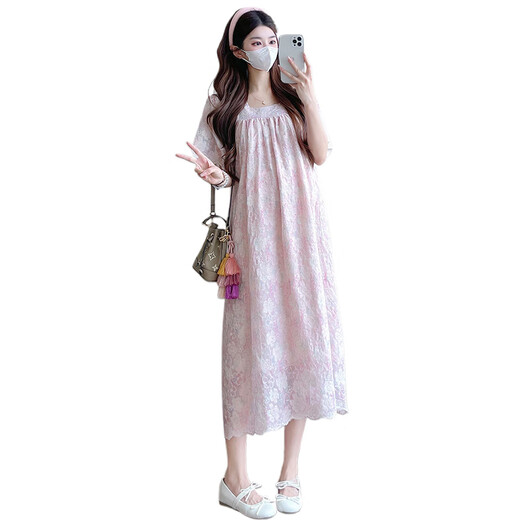 Ranqi's maternity dress for maternity women in summer new season French gentle style loose belly slimming high-end square collar maternity dress pink L