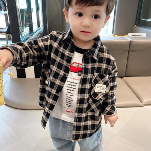 Pisces Rabbit (SHUAGNYUTU) boys' shirt spring and autumn handsome children's shirt long-sleeved baby plaid top Korean style spring style thin coat black plaid spring and autumn 90