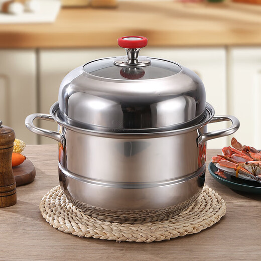 The same thickened stainless steel double-layer steamer with visual anti-scalding glass lid as used in supermarkets, induction cooker, gas stove, universal, thickened stainless steel, 2 layers, 26cm