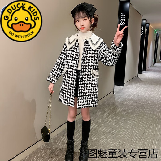 G.DUCKKIDS Girls' Woolen Coat Autumn and Winter 2023 New Mid-Length Children's Style Girls' Thickened Woolen Coat Children's Clothing Black 110 cm