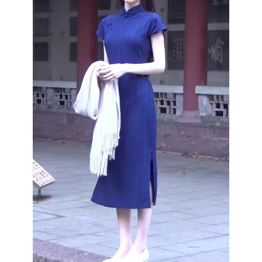 Yuyaman cheongsam, new Chinese style women's clothing, sexy improved mother's dress, long skirt, retro Republic of China style etiquette photo shoot, cheongsam, navy blue M, about 110