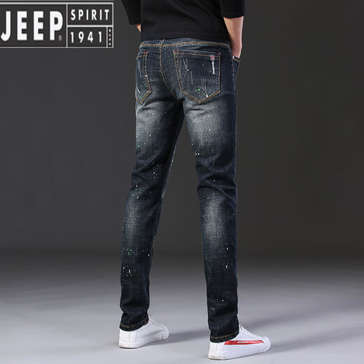 JEEP SPIRIT夏季薄款破洞牛仔裤男士痞帅潮牌弹力2025新款修身小脚潮流长裤男 687黑色 32