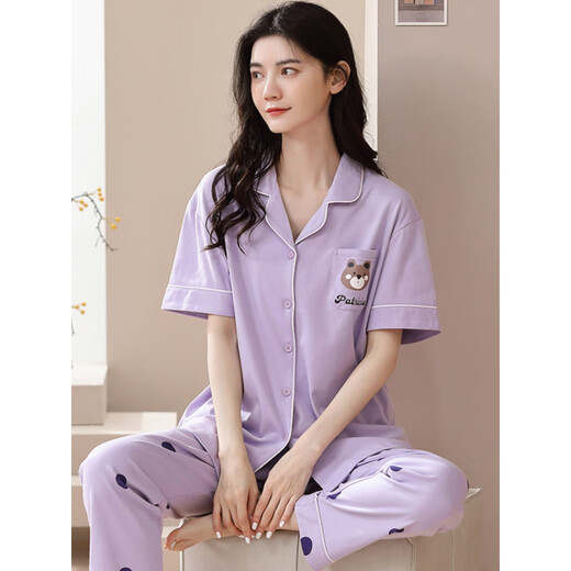 Langsha 2025 new pajamas for women in summer pure cotton short-sleeved trousers thin cardigan full-cotton home clothing set can be worn outside Y7114 M [recommended to wear 80-100Jin [Jin equals 0.5 kg]]