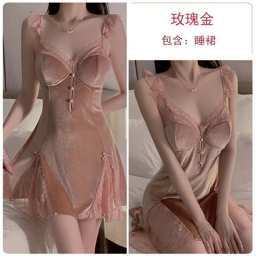 画枕眠（HUAZHENMIAN）连衣裙瑰若感蕾丝透视深V加垫甜美惑睡裙外袍丝绒家居服装3908 3879黑色（外袍+腰带）+睡裙 M