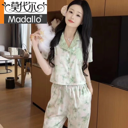 莫代尔品质小香风睡衣女夏真丝短款短袖长裤空调房春秋甜美家居服套装女 694 蝴蝶水墨画 短长 M ( 建议 80-98斤)