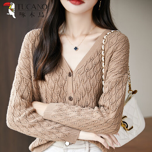 
TUCANO; Woodpecker summer V-neck cardigan sweater for women loose large size fashionable and fashionable solid color hollow versatile sunscreen sweater camel thin thin S recommended 90 Jin [Jin equals 0.5 kg]