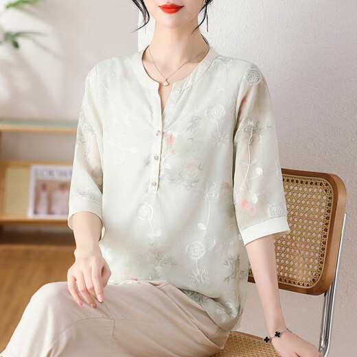 柚狮妈妈装款洋气雪纺短袖T恤2025新款中老年女时尚减龄上衣服 9901_杏色 XL _【建议90-110斤】