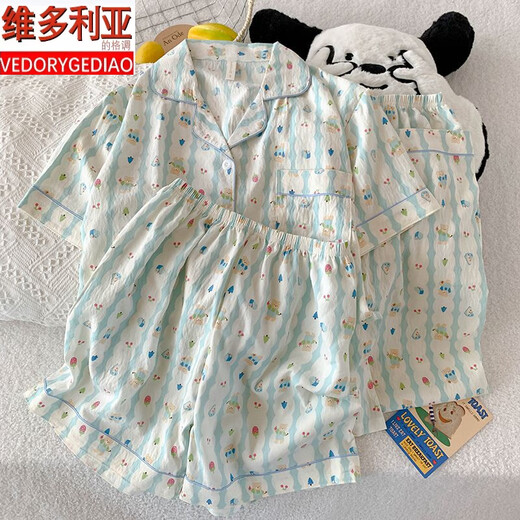 维多利亚的格调三件套樱桃小熊睡衣女夏季短袖可爱卡通宽松云朵棉夏天家居服套装 JS-9905#黑爱心-三件套 短袖上衣 M 码 155-162 体重100斤内
