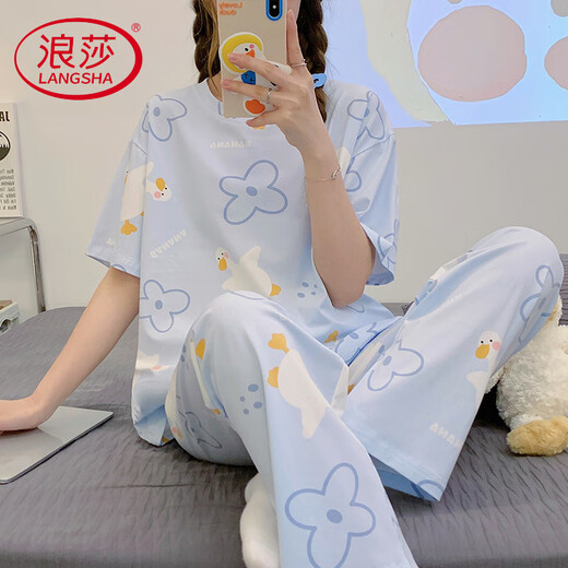 浪莎轻奢睡衣女款纯棉夏季短袖长裤夏天薄款夏款玉桂狗春秋可爱家居服 JZM-6625爱心 XL