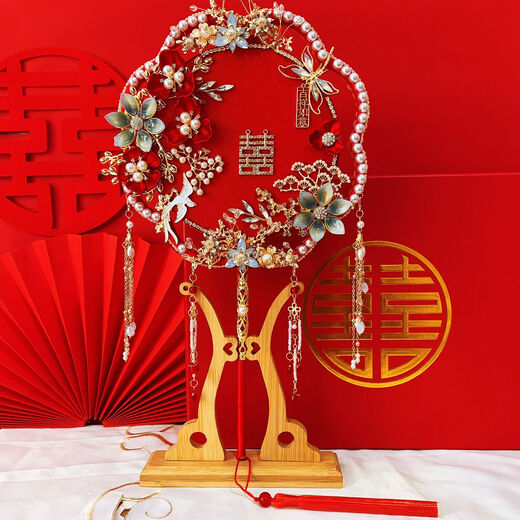 呦依中式双面双圈团扇diy材料包新娘结婚龙凤秀禾服手捧花束 红妆/花材料包+礼盒