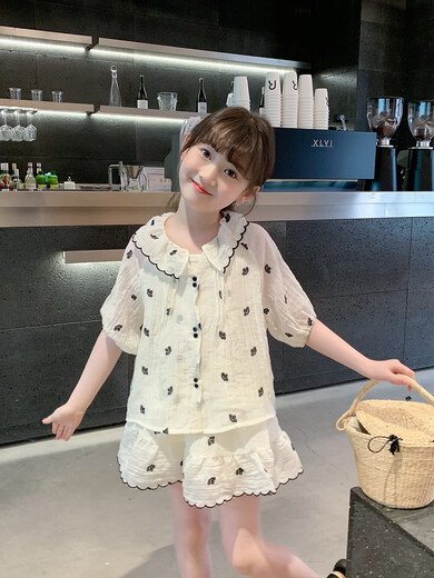MOKITOUL鱼儿妈 女童套装2025夏装新款儿童短袖上半身裙清凉一夏两件套 米白色 140cm[建议身高135-145cm] 均码
