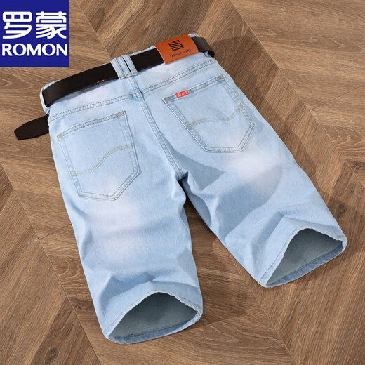 
Lomon summer thin men's slim blue and white denim shorts men's grinding white 5-point pants mid-trousers breeches jeans trend 9921-5 retro blue 28
