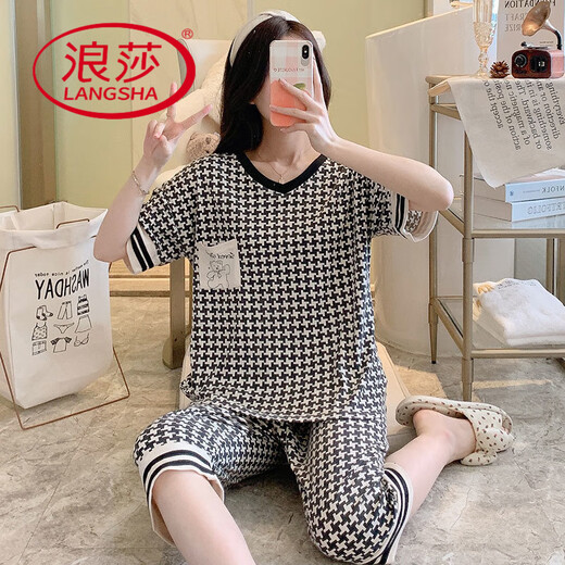 浪莎（LangSha）纯棉睡衣女七分裤夏季套短袖七分裤套装休闲春夏可外穿家居服 短袖七分裤：6624 M 建议70-95斤穿