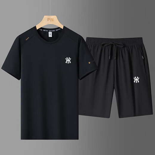 CZCM light luxury brand ice silk suit men's summer sports and casual new large-size round neck T-shirt quick-dry short sleeve shorts long white foot two-piece set 2XL 140-160Jin[Jin equals 0.5 kg]