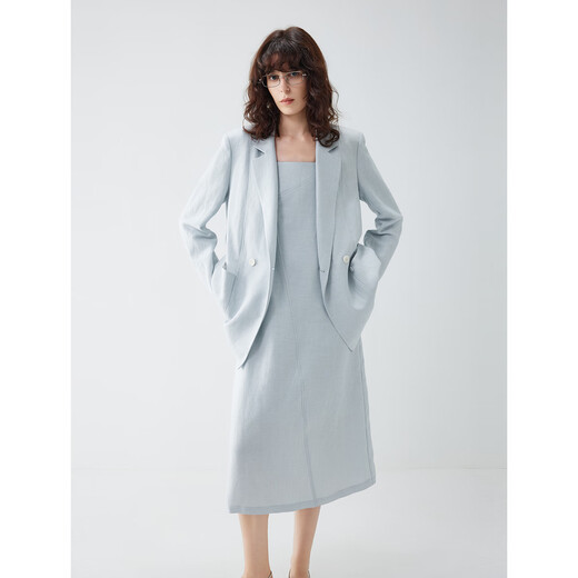 ELLE French commuting sense linen suit jacket for women 2026 spring new style high-end right shoulder loose suit blue S