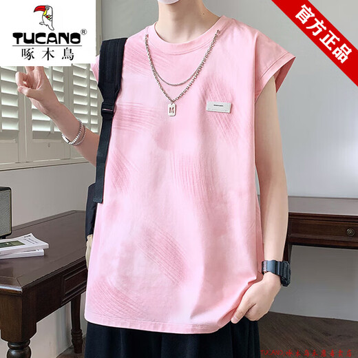 Woodpecker Ice Silk Short Sleeve Set Men's American Sleeveless T-shirt Summer New Fashion Brand Loose Vest Teenager Casual Gradient 10512-9227 Purple 2XL About 120-140Jin [Jin equals 0.5 kg] Can be worn