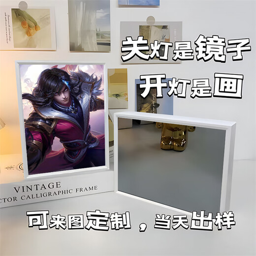 王者荣耀镜子灯光画书房小夜灯摆件卧室床头礼物三色氛围灯送闺蜜 15122 刘备 镜子白框16.5*21插电款