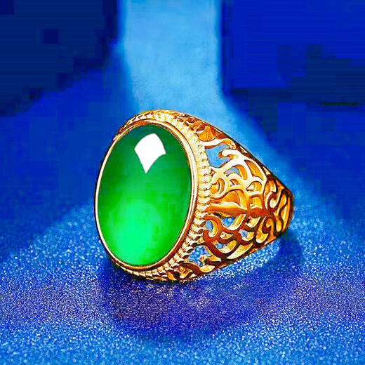 MHFDO Old Phoenix 999 full gold plated ring men's chrysoprase gemstone black agate ring men's fashion live egg-shaped green ring