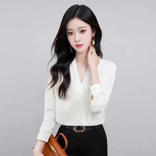 Troman white professional shirt women's long-sleeved V-neck temperament casual no-iron spring and autumn inner top slimming chiffon shirt