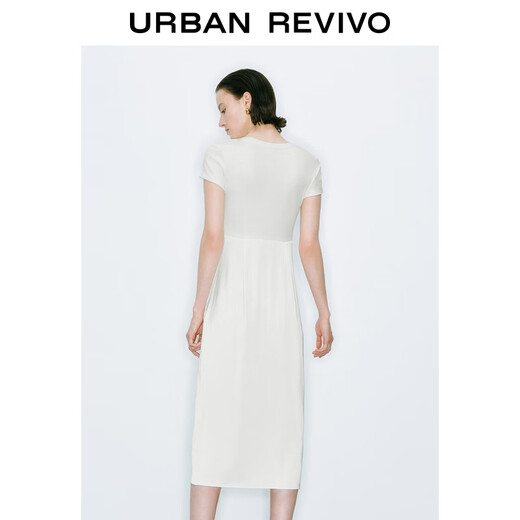 UR [heiß] 2025 Sommer Neues Frauen mit kurzärärmernem Kleid von Falten geschlitzt UWM750078 Elfenbeinweiß S
