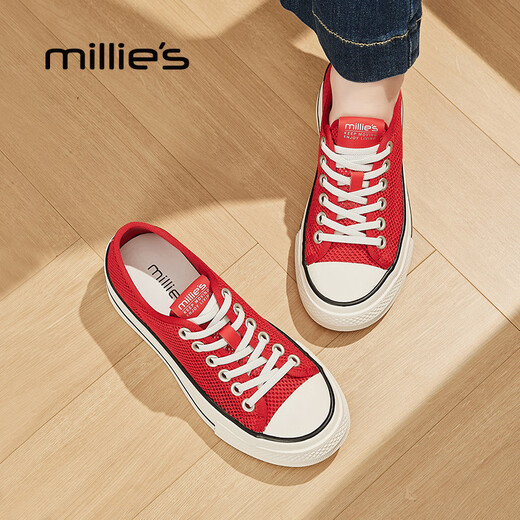 妙丽（Millies）网面鞋女透气百搭休闲板鞋女夏季薄款帆布鞋小白鞋女鞋 红色 36