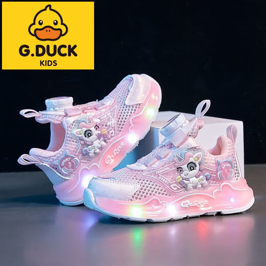G.Duckkids Little Yellow Duck Girls Sportschuhe 2025 Neue Frühlings- und Sommer -Freizeit vielseitige leuchtende Sportpony Lily Mesh Schuhe B689 Pink Double Net 22 Innere Länge ungefähr 14 cm