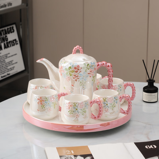 Yanze underglaze hand-painted light luxury wedding gift for newlyweds tea set set glass mug ceramic cup practical gift peach pink begonia eight-piece set-gift box