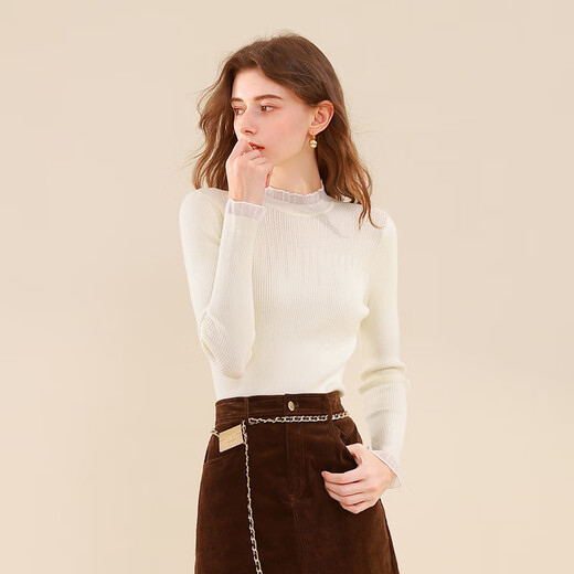 Sancai 2025 winter new solid color sweater glass yarn splicing sweater with base layer slim fit M