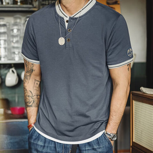Madden Workwear American Retro Baseball Collar Henley T-Shirt Men's Heavy Cotton Right Shoulder Short Sleeve Clothes Men's Summer Lava Gray Men's New Style/Light Luxury High-end L