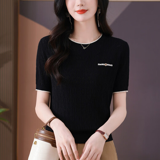 Camiseta de manga corta de seda de hielo gemila delgada para mujeres Mother Summer Hollow 2025 Nueva malla cubierta de vientre Azul (Modelo 9201) S 100Jin [Jin equivale a 0.5 kg]