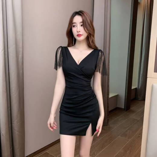 颂曼蒂技师工作服性感小个子连衣裙女深V礼服足疗足浴包臀夜场穿 3883黑色 S 建议80-95斤