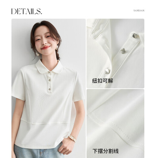 尚都比拉100%棉半门襟娃娃领衬衫女夏季下摆分割气质通勤时尚高级上衣