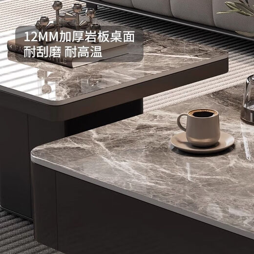 Zhixing Italian gray slate coffee table light luxury high-end style small apartment living room home Italian minimalist 2025 new square coffee table square + T new Italian gray slate black frame black cabinet 80 slate + side table 60