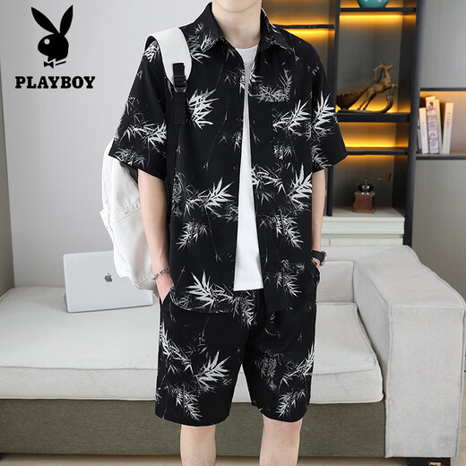 
Playboy (PLAYBOY) handsome shirt for men's summer ice silk suit design sense floral shirt short sleeve shorts beach two-piece set matching 679 white suit M 110Jin [Jin equals 0.5 kg]