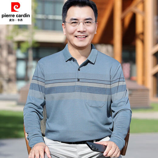 皮尔卡丹（pierre cardin）中老年男士爸爸装5AT恤秋季上衣翻领休闲条纹长袖POLO衫男装 2691浅蓝色 M 建议【100-120斤】高端轻奢抗皱免烫