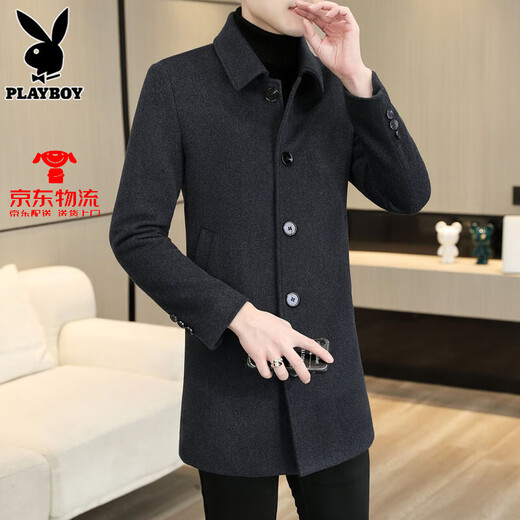 花花公子（PLAYBOY）羊毛呢大衣男士风衣2025新款高级休闲棉呢子外套男潮 88601黑色 M