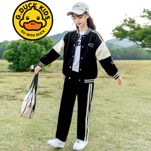G.DUCKKIDS品牌童装女童套装春秋季儿童运动外套休闲裤子两件套洋气女孩衣服 1396H加绒加厚冬款 黑色 160