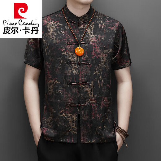 皮尔卡丹（pierre cardin）中国风男装短袖2025年夏季桑蚕丝唐装衬衫复古盘扣真丝上衣套装薄 9216T款蜜蜡黄--长裤套装 M 170/39