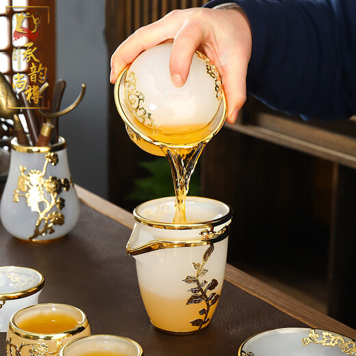 Chengyun Shangzun inlaid with gold and jade tea set, colored glaze pure handmade Kung Fu tea cup set, home office gift teapot cover bowl, colored glaze set (large set of 14 heads)