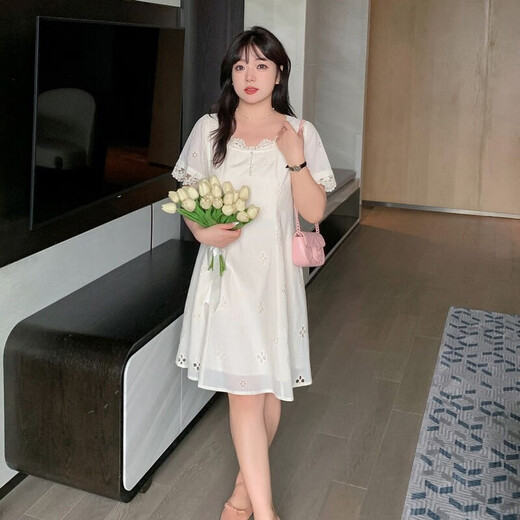 Slightly fat mm solid color temperament lace edge square collar dress for women 200 Jin [Jin equals 0.5 kg] plus size small belly-covering skirt 1391 picture color XL 120-140 Jin [Jin equals 0.5 kg]