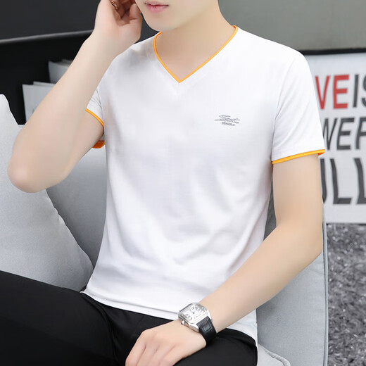 细熙修身鸡心v领t恤男士青年鸡心领净色短袖t恤薄款修身短衫 白色 QY691 M 90-100斤