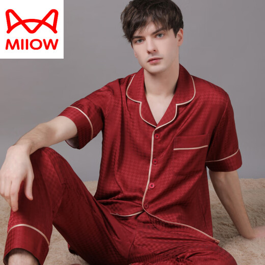 猫人（MiiOW）真丝睡衣男士2025年新款夏季薄款短袖长裤丝绸感大码套装 大气黑6223 L (115-140斤)