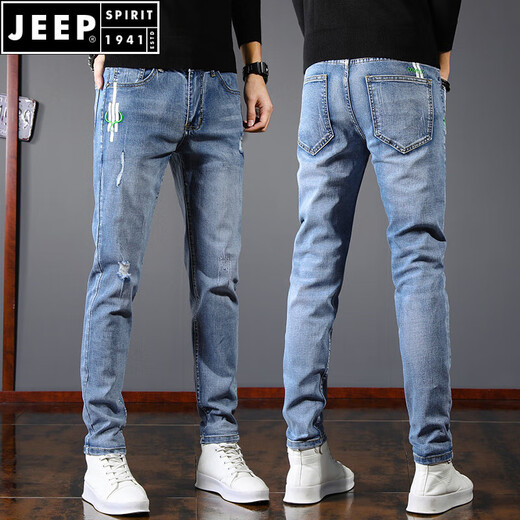 Jeep Spirit2025 Neue Jeans Männer schlanke kleine Füße sommerliche Herrenhosen Sommer dünne Hose mit geraden Beinen Herrenhosen SSNZ-6636 Grau [Frühlings- und Herbststil ohne Samt] 32