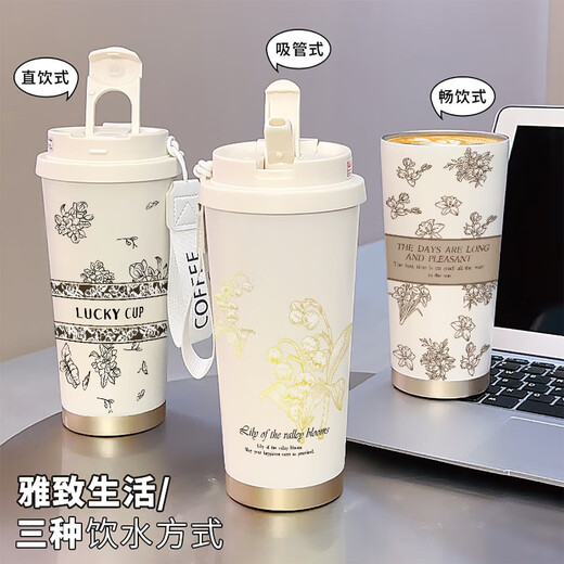 Lock Lock Ladies Thermalbecher Cartoon Großkapazität Student Stroh hochpräziser Sportwasser Tasse Tragbarer Kaffeetasse Antike Weiß-BXAB1098 Blume Edelstahl Stahl